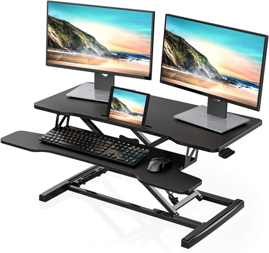 Height Adjustable Standing Desk 36” Wide Sit to Stand Converter Stand up Desk Tabletop Workstation for Laptops Dual Monitor Riser Black SD309101WB