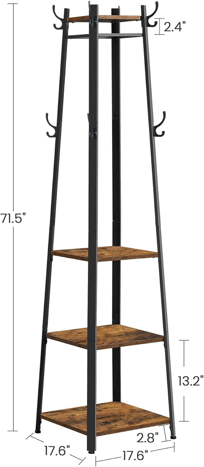 Coat Rack, Coat Stand with 3 Shelves, Hall Tree Free Standing with Hooks for Scarves, Bags, Umbrellas, Steel Frame, Industrial Style, for Entryway, Living Room, Rustic Brown and Black ULCR80X