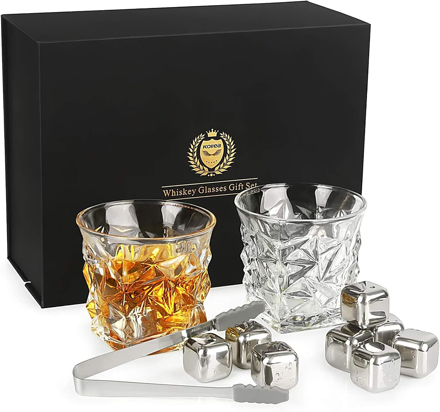 Whiskey Stones Set, 2 Whiskey Glasses with 8 Reusable Stainless Steel Ice Cubes, Gift for Men Dad Husband Boyfriend Birthday, Anniversary or Retirement