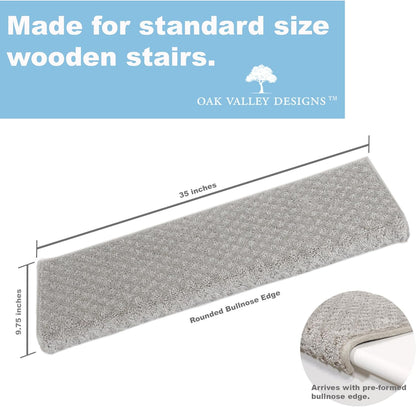 ™ Rounded Bullnose Carpet Stair Treads - anti Slip Indoor Stair Mats for Wooden Stairs, Style: Bayside Charm, Silver Birch 35" W X 9.75" D (Set of 14)