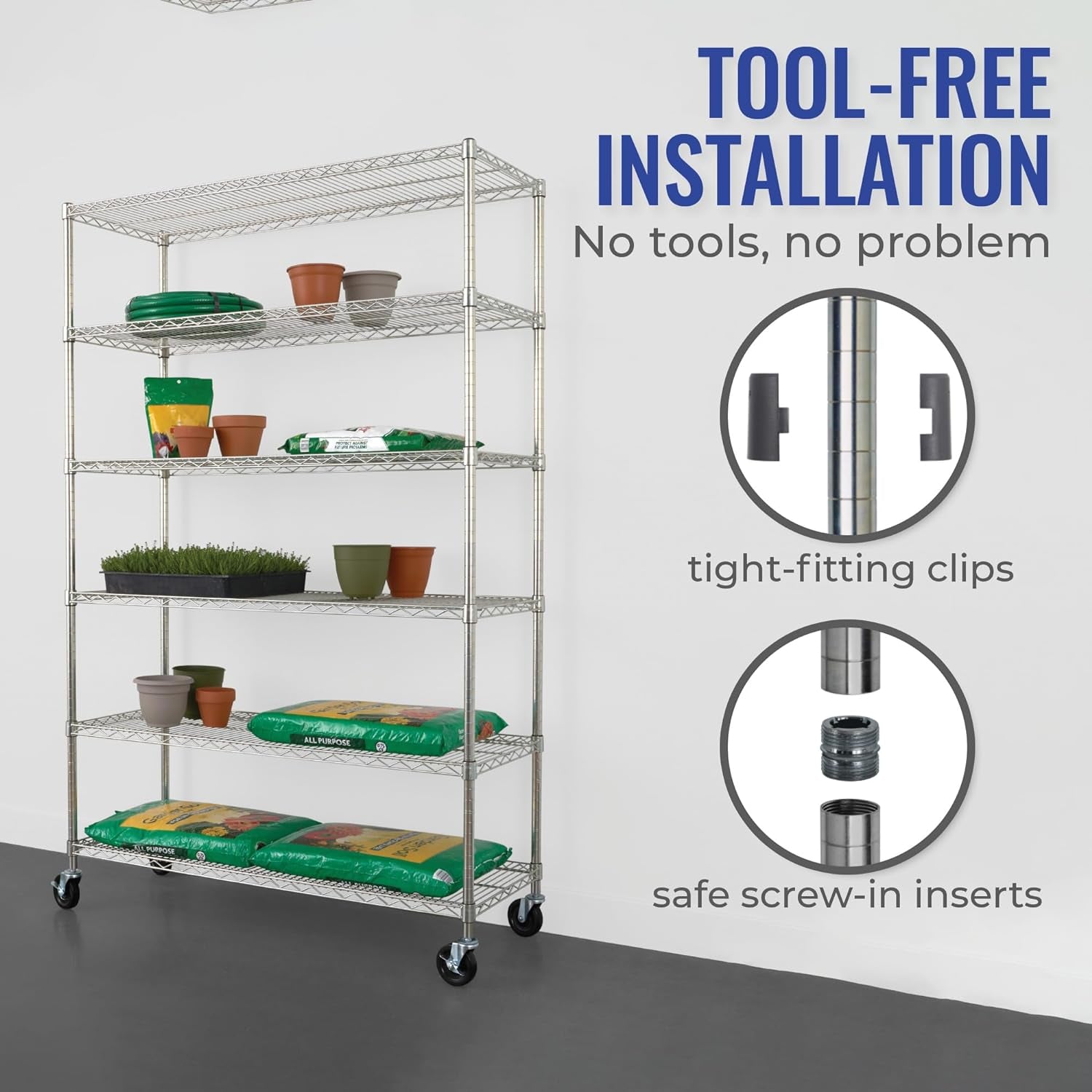 - NSF Certified Storage Shelves, Zinc, Heavy Duty Steel Wire Unit with Wheels and Adjustable Feet, Garage or Bakers Rack, Kitchen, Pantry Shelf - (18"X48"X72" 6-Tier) (Silver)