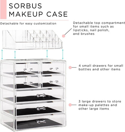 Clear Cosmetic Makeup Organizer - Make up & Jewelry Storage, Case & Display - Spacious Design - Great Holder for Dresser, Bathroom, Vanity & Countertop (3 Large, 4 Small Drawers)