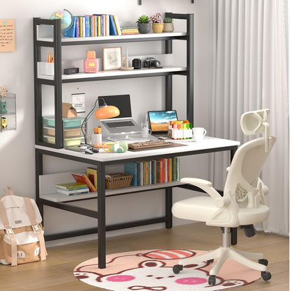 Computer Desk with Shelves, 47" Gaming Desk with Hutch and Bookshelf, White Study Table for Bedroom Space Saving with 3 Tier Storage Shelf, Home Office Desk for Writing Work, Easy Assemble