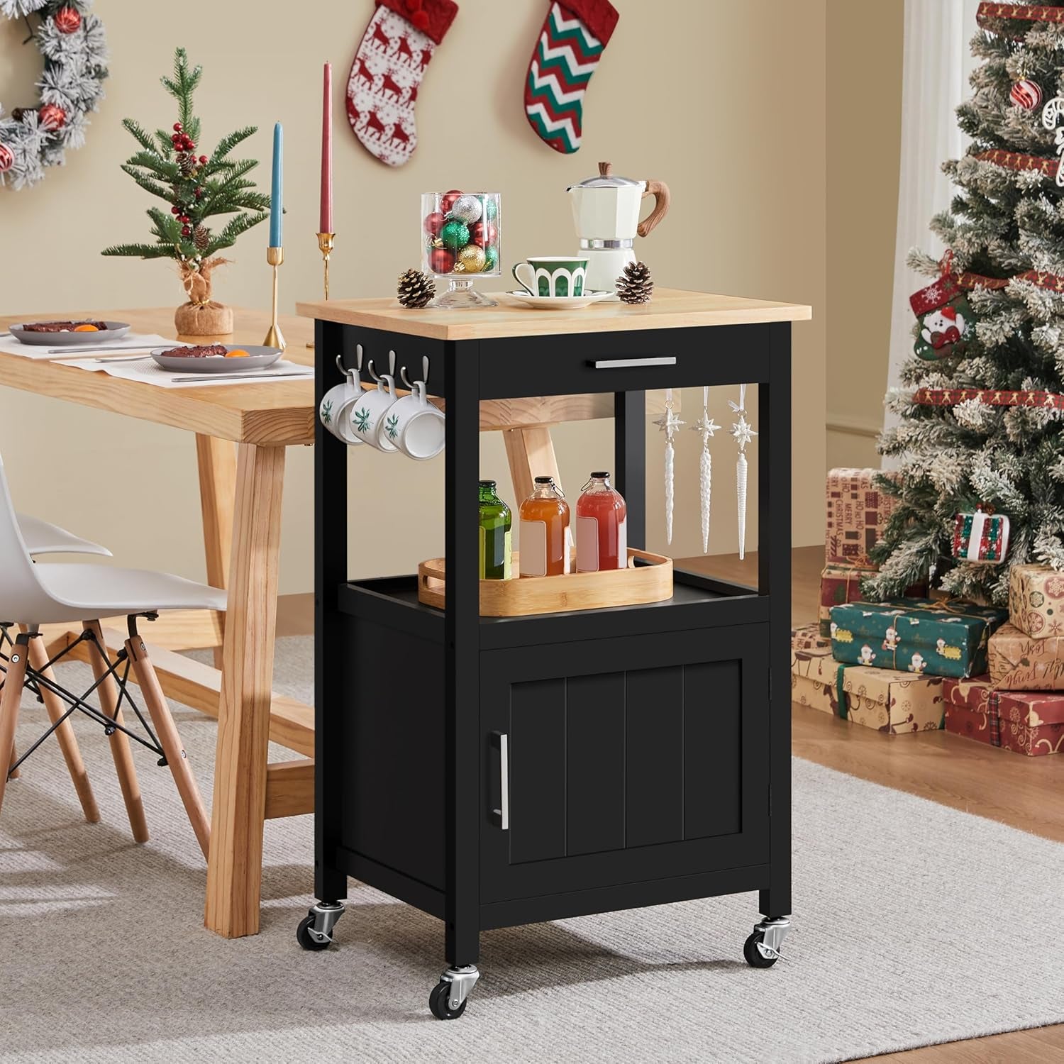 Small Kitchen Island on Wheels with Wood Top and Drawer, Trolley Cart with Open Shelf and Storage Cabinet for Dining Room, 22X18X35 Inches, Black