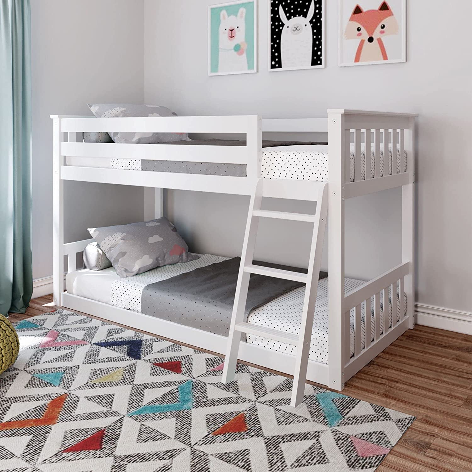 Twin over Twin Low Bunk Bed with Ladder, Wooden Bunk Beds with 14” Safety Guardrail for Kids,Toddlers, Boys, Girls, Teens, Bedroom Furniture, White