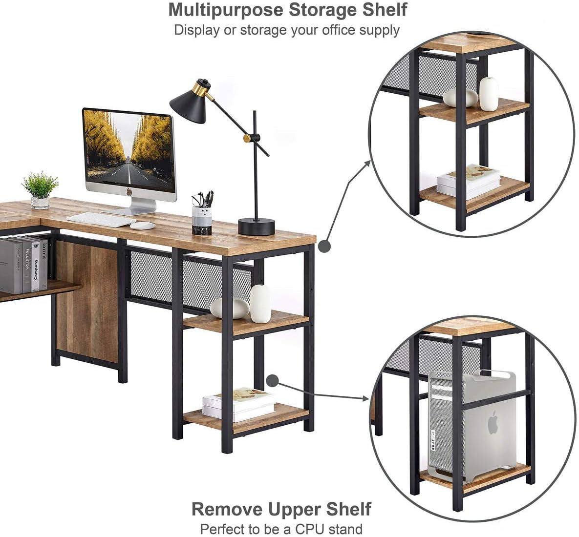 L Shaped Computer Desk with Wood Shelves, Industrial Rustic Home Office Corner Desk with Metal Legs (Rustic Oak, 59 Inch)