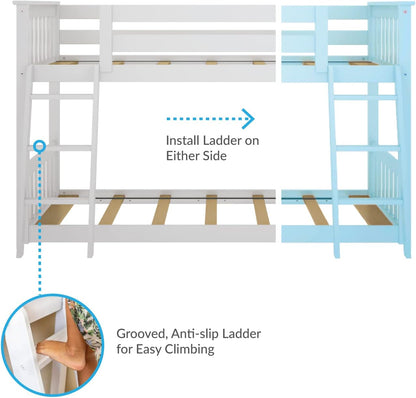 Twin over Twin Low Bunk Bed with Ladder, Wooden Bunk Beds with 14” Safety Guardrail for Kids,Toddlers, Boys, Girls, Teens, Bedroom Furniture, White