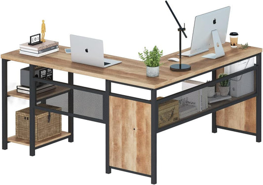 L Shaped Computer Desk with Wood Shelves, Industrial Rustic Home Office Corner Desk with Metal Legs (Rustic Oak, 59 Inch)