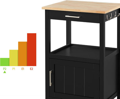 Small Kitchen Island on Wheels with Wood Top and Drawer, Trolley Cart with Open Shelf and Storage Cabinet for Dining Room, 22X18X35 Inches, Black