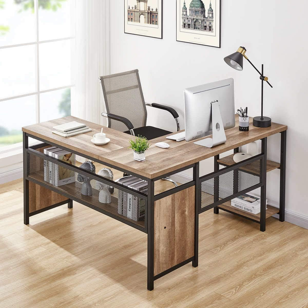 L Shaped Computer Desk with Wood Shelves, Industrial Rustic Home Office Corner Desk with Metal Legs (Rustic Oak, 59 Inch)