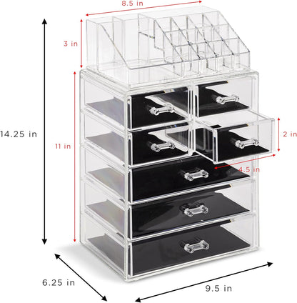 Clear Cosmetic Makeup Organizer - Make up & Jewelry Storage, Case & Display - Spacious Design - Great Holder for Dresser, Bathroom, Vanity & Countertop (3 Large, 4 Small Drawers)