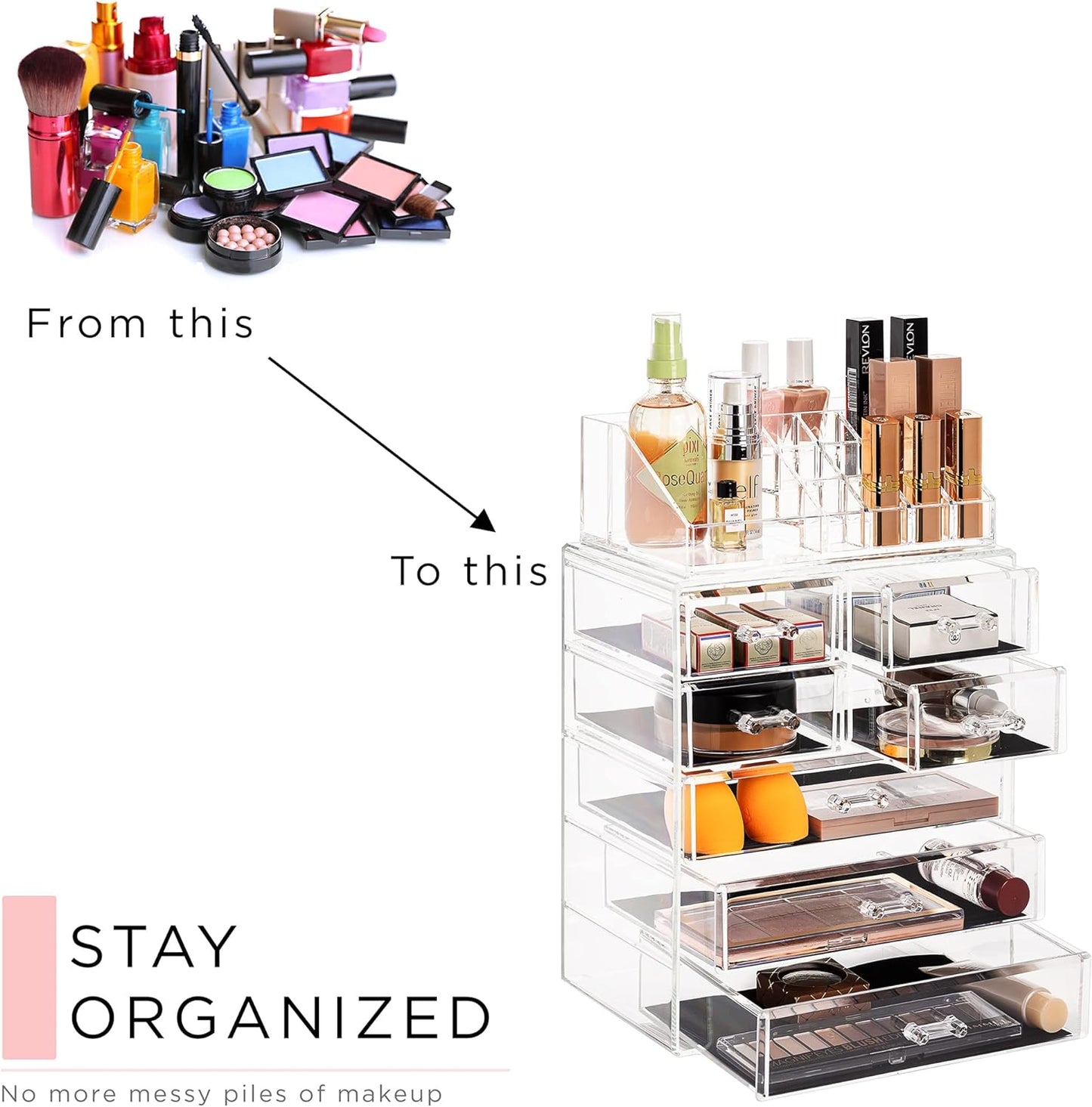 Clear Cosmetic Makeup Organizer - Make up & Jewelry Storage, Case & Display - Spacious Design - Great Holder for Dresser, Bathroom, Vanity & Countertop (3 Large, 4 Small Drawers)