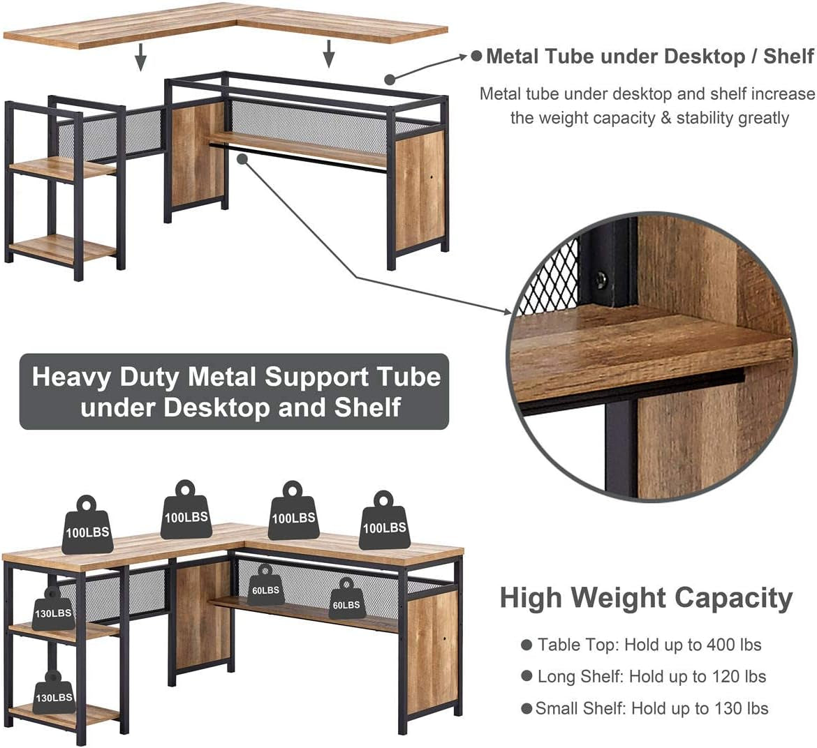 L Shaped Computer Desk with Wood Shelves, Industrial Rustic Home Office Corner Desk with Metal Legs (Rustic Oak, 59 Inch)