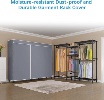 V6C Heavy Duty Covered Clothes Rack Portable Wardrobe Closet, 5 Tiers Wire Garment Rack Black Metal Clothing Rack with Grey Oxford Fabric Cover, 75.6" L X 18.5" W X 76.4" H, Max Load 870 LBS