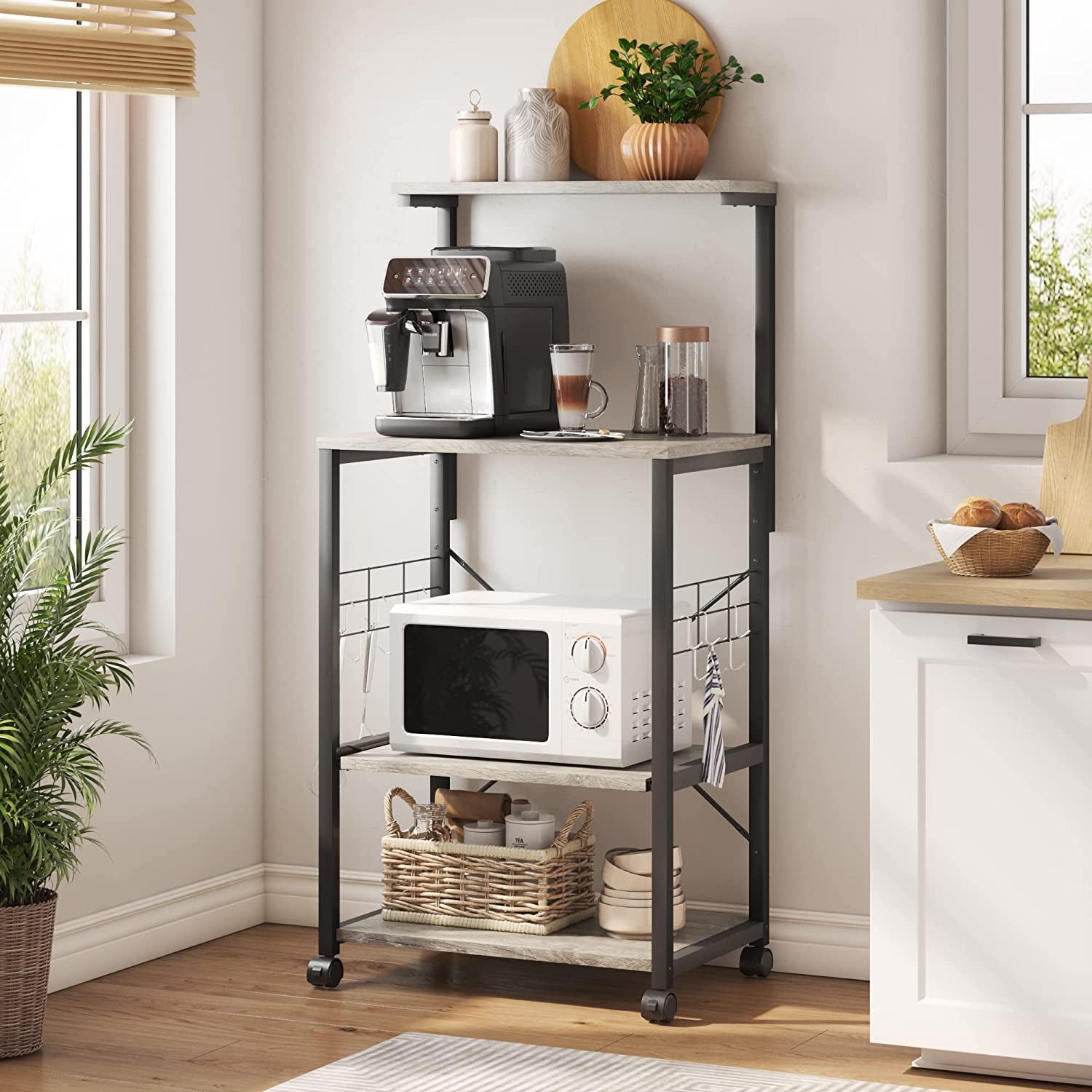 Kitchen Bakers Rack Microwave Stand Kitchen Cart on Wheels Utility Storage Shelf with 10 Side Hooks Kitchen Organizer Shelves with Adjustable Feet