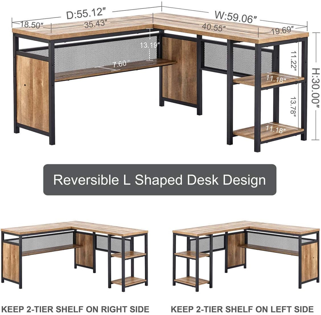 L Shaped Computer Desk with Wood Shelves, Industrial Rustic Home Office Corner Desk with Metal Legs (Rustic Oak, 59 Inch)