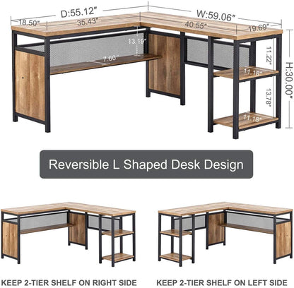 L Shaped Computer Desk with Wood Shelves, Industrial Rustic Home Office Corner Desk with Metal Legs (Rustic Oak, 59 Inch)