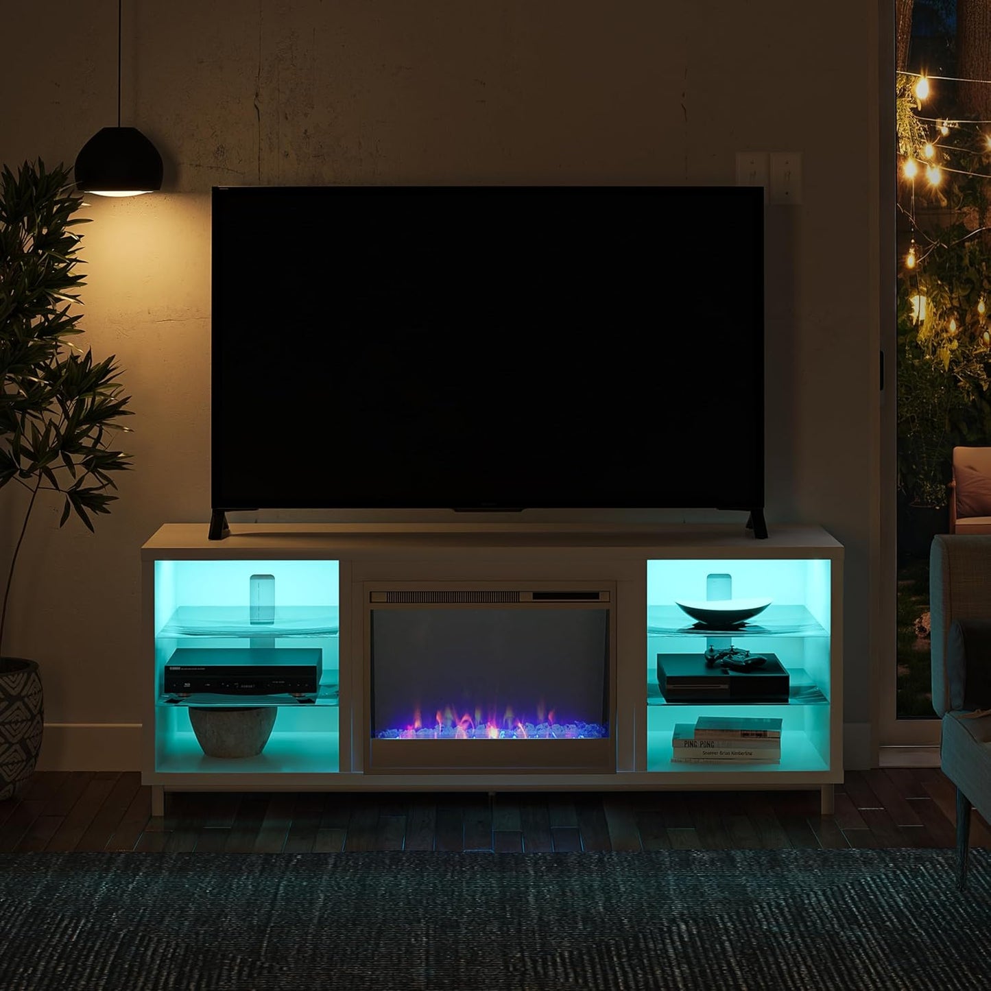 Lumina Fireplace TV Stand for Tvs up to 70 Inch, Replaceable Electric Fireplace Insert Heater, Remote Control, Timer, Color Changing LED Lights, Crystal Ember Flames, White