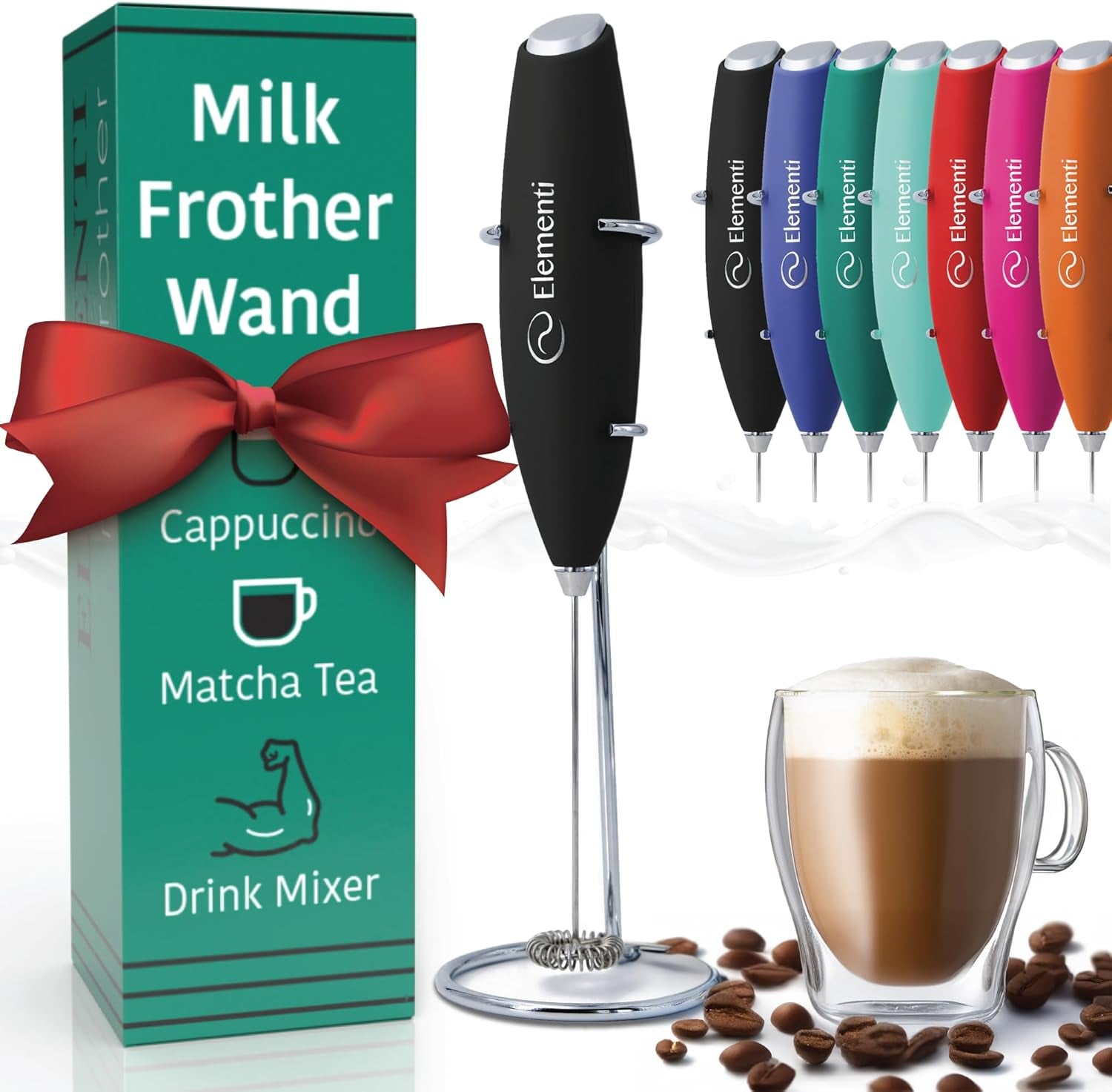 Milk Frother Wand & Drink Mixer - Powerful Coffee Frother Handheld Coffee Mixer Wand with Stand - Milk Foamer to Make Perfect Cappuccino Lattes & Hot Chocolate at Home (Black)