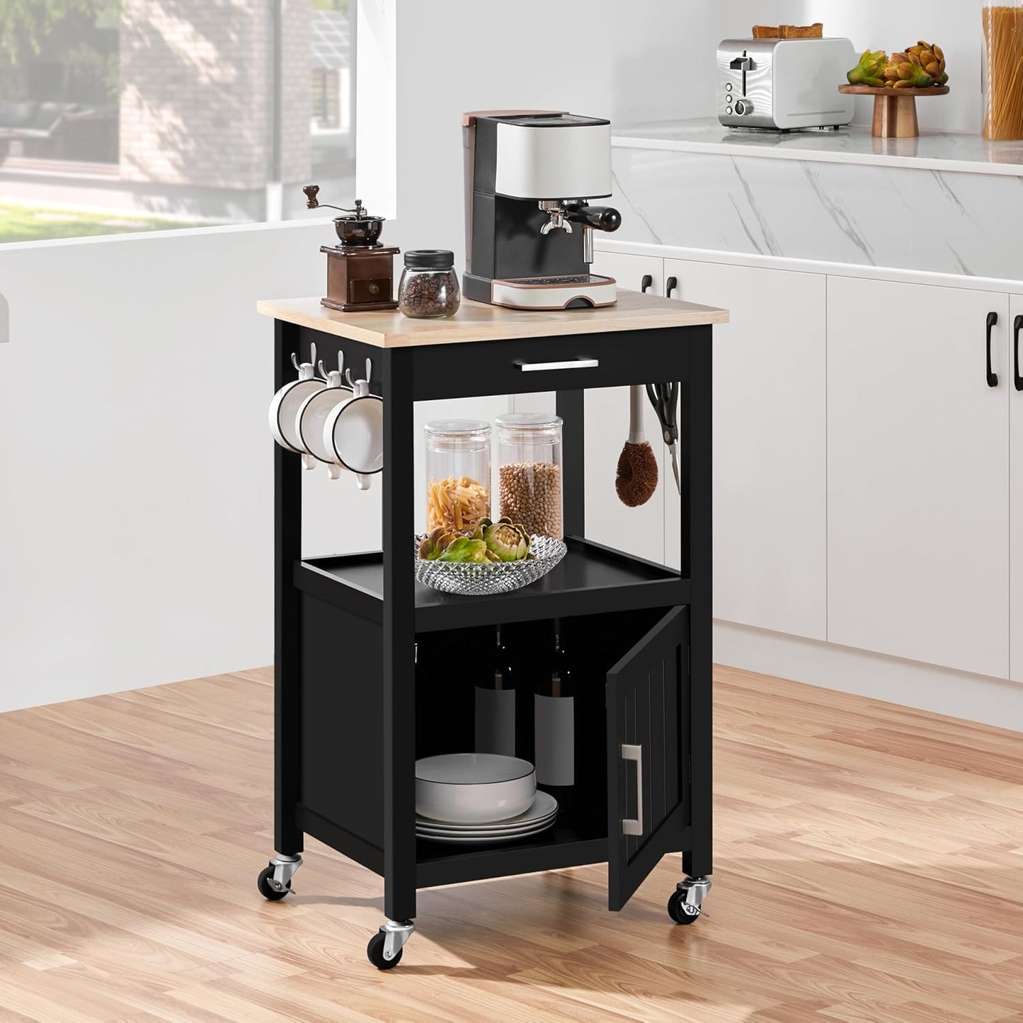 Small Kitchen Island on Wheels with Wood Top and Drawer, Trolley Cart with Open Shelf and Storage Cabinet for Dining Room, 22X18X35 Inches, Black