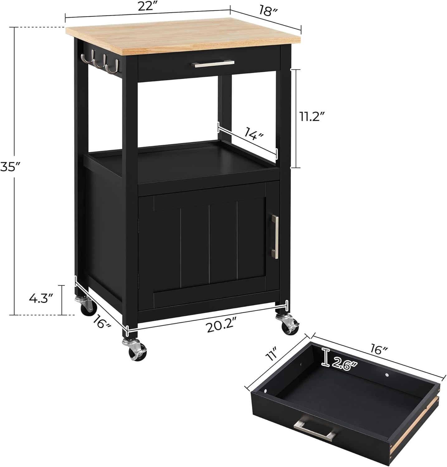 Small Kitchen Island on Wheels with Wood Top and Drawer, Trolley Cart with Open Shelf and Storage Cabinet for Dining Room, 22X18X35 Inches, Black