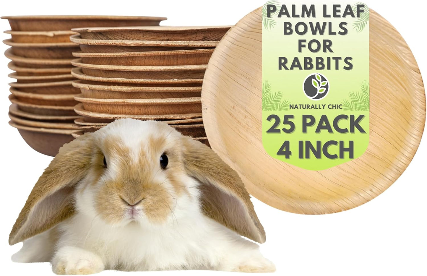 Palm Leaf Bowls for Rabbits - 4 Inch Untreated Palm Leaf Mini Plates for Bunny, Chewable Treat Dish for Rabbits & Bunnies - 25 Pack Small Bamboo like Plates