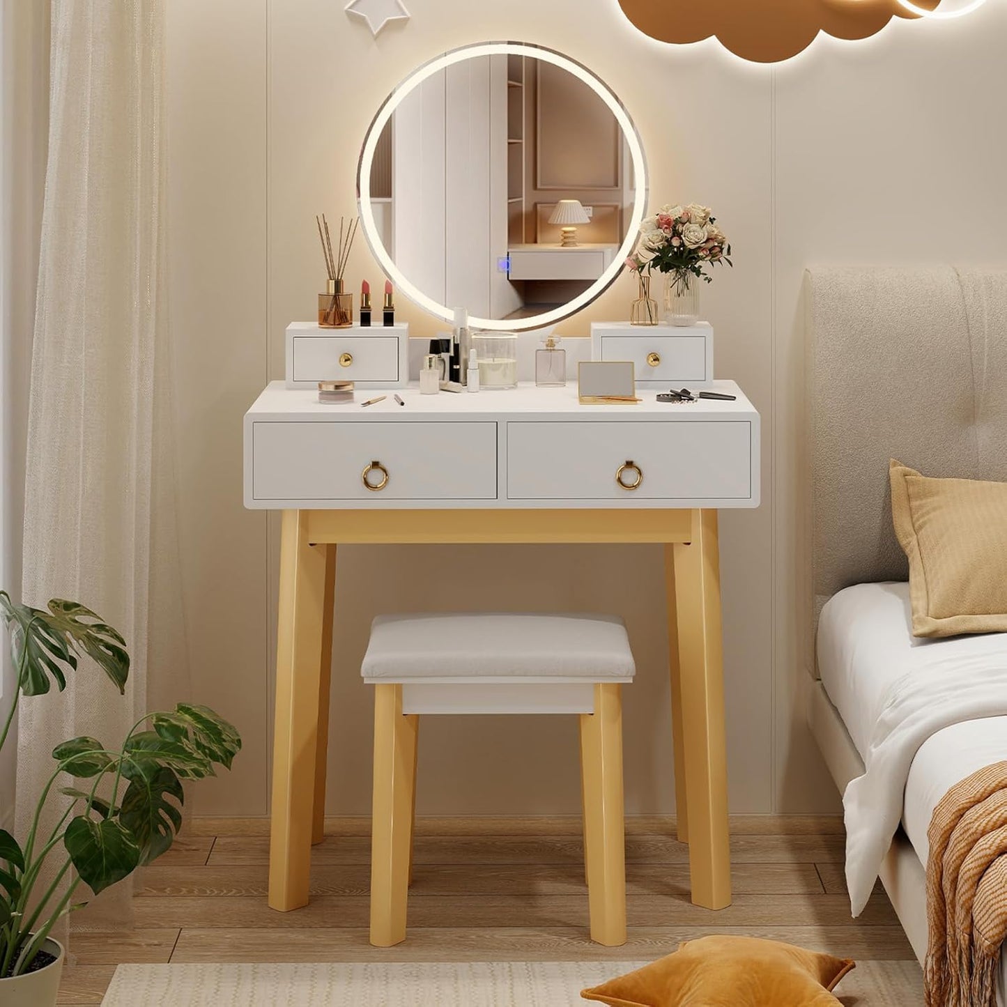 Vanity Desk with Mirror and Lights, White Makeup Vanity Desk with 4 Drawers, 3 Color Lighting Modes, Adjustable Brightness, Modern Dressing Table with Vanity Stool for Girls Small Bedroom