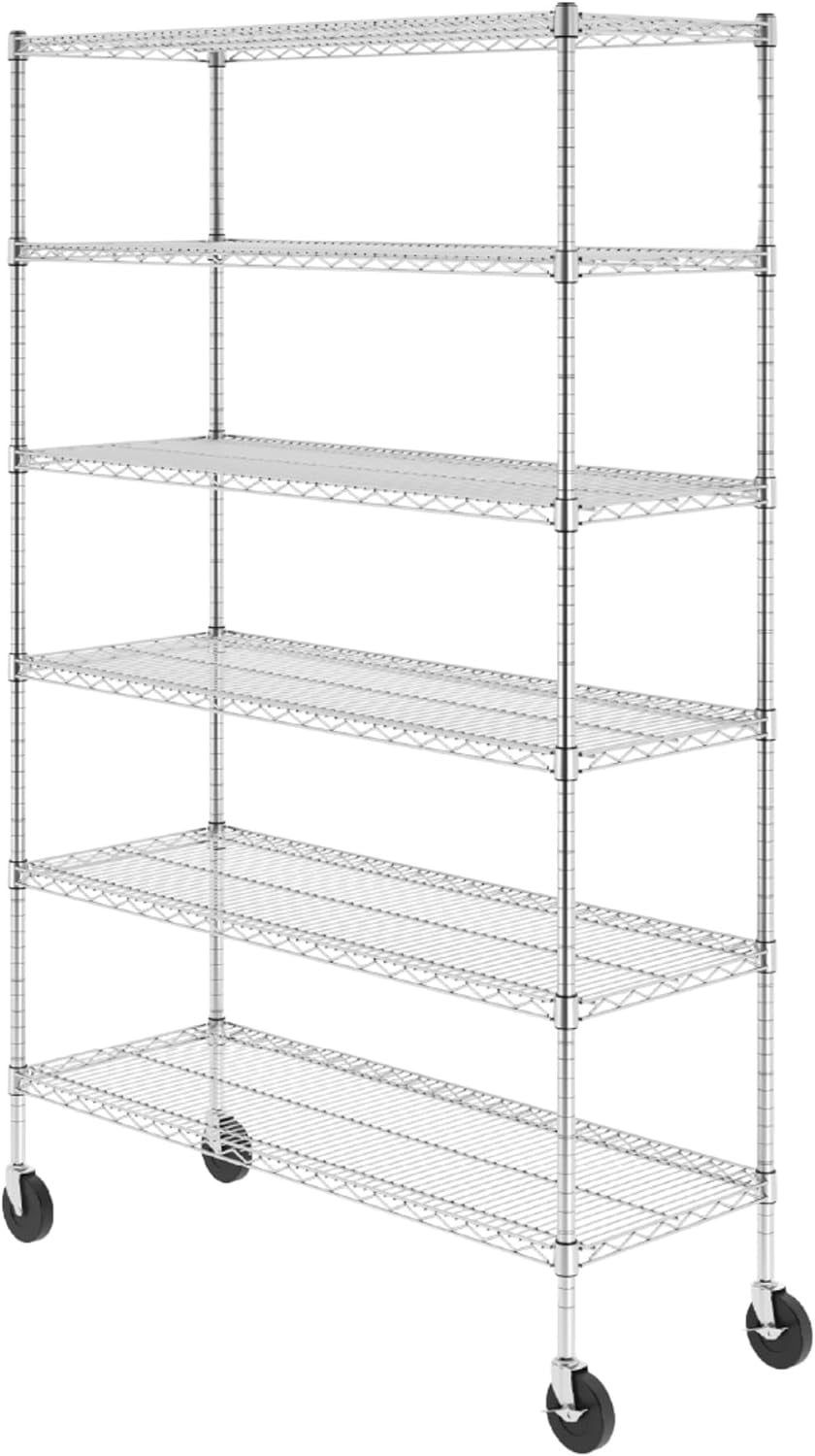 - NSF Certified Storage Shelves, Zinc, Heavy Duty Steel Wire Unit with Wheels and Adjustable Feet, Garage or Bakers Rack, Kitchen, Pantry Shelf - (18"X48"X72" 6-Tier) (Silver)