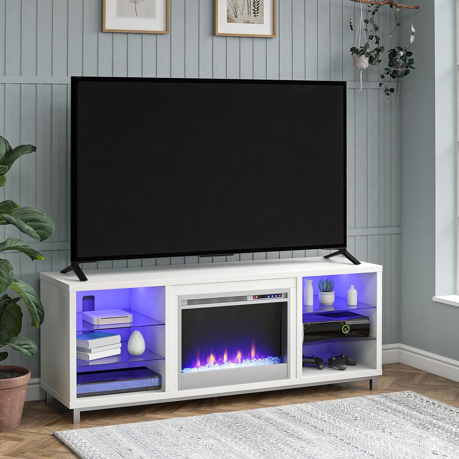 Lumina Fireplace TV Stand for Tvs up to 70 Inch, Replaceable Electric Fireplace Insert Heater, Remote Control, Timer, Color Changing LED Lights, Crystal Ember Flames, White