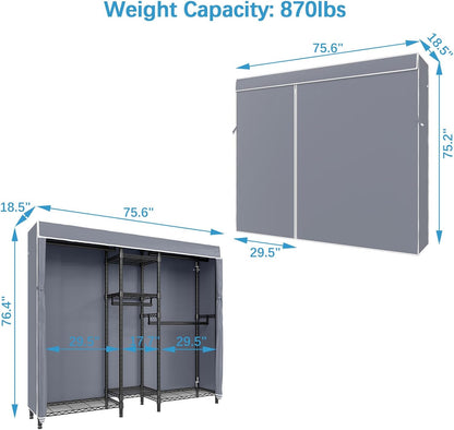 V6C Heavy Duty Covered Clothes Rack Portable Wardrobe Closet, 5 Tiers Wire Garment Rack Black Metal Clothing Rack with Grey Oxford Fabric Cover, 75.6" L X 18.5" W X 76.4" H, Max Load 870 LBS