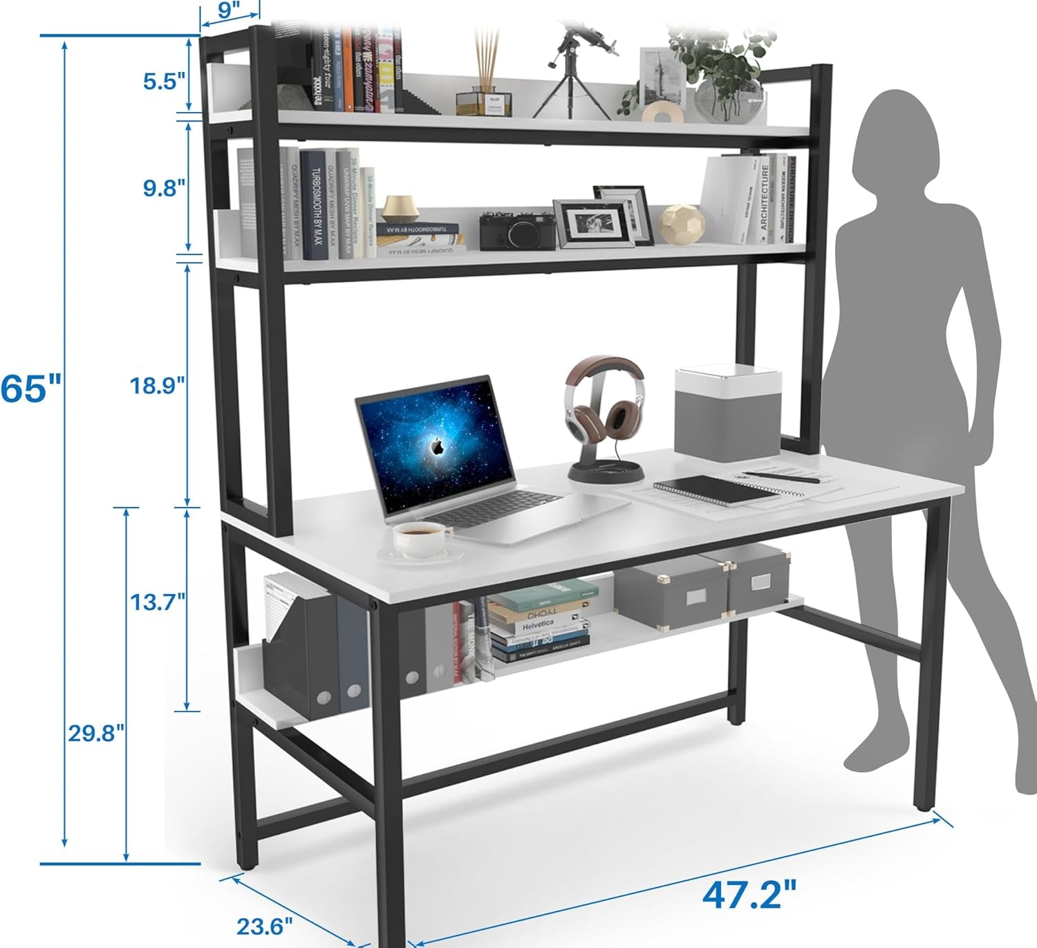 Computer Desk with Shelves, 47" Gaming Desk with Hutch and Bookshelf, White Study Table for Bedroom Space Saving with 3 Tier Storage Shelf, Home Office Desk for Writing Work, Easy Assemble