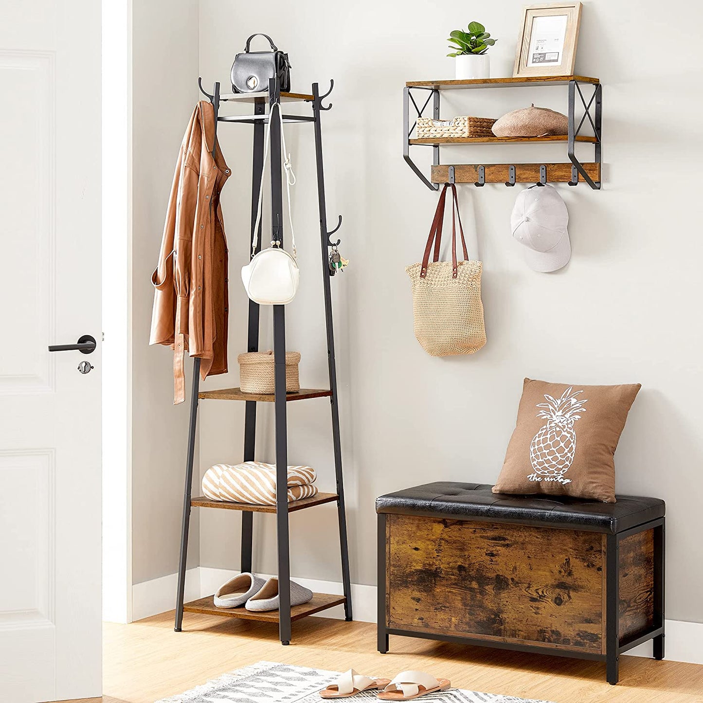 Coat Rack, Coat Stand with 3 Shelves, Hall Tree Free Standing with Hooks for Scarves, Bags, Umbrellas, Steel Frame, Industrial Style, for Entryway, Living Room, Rustic Brown and Black ULCR80X