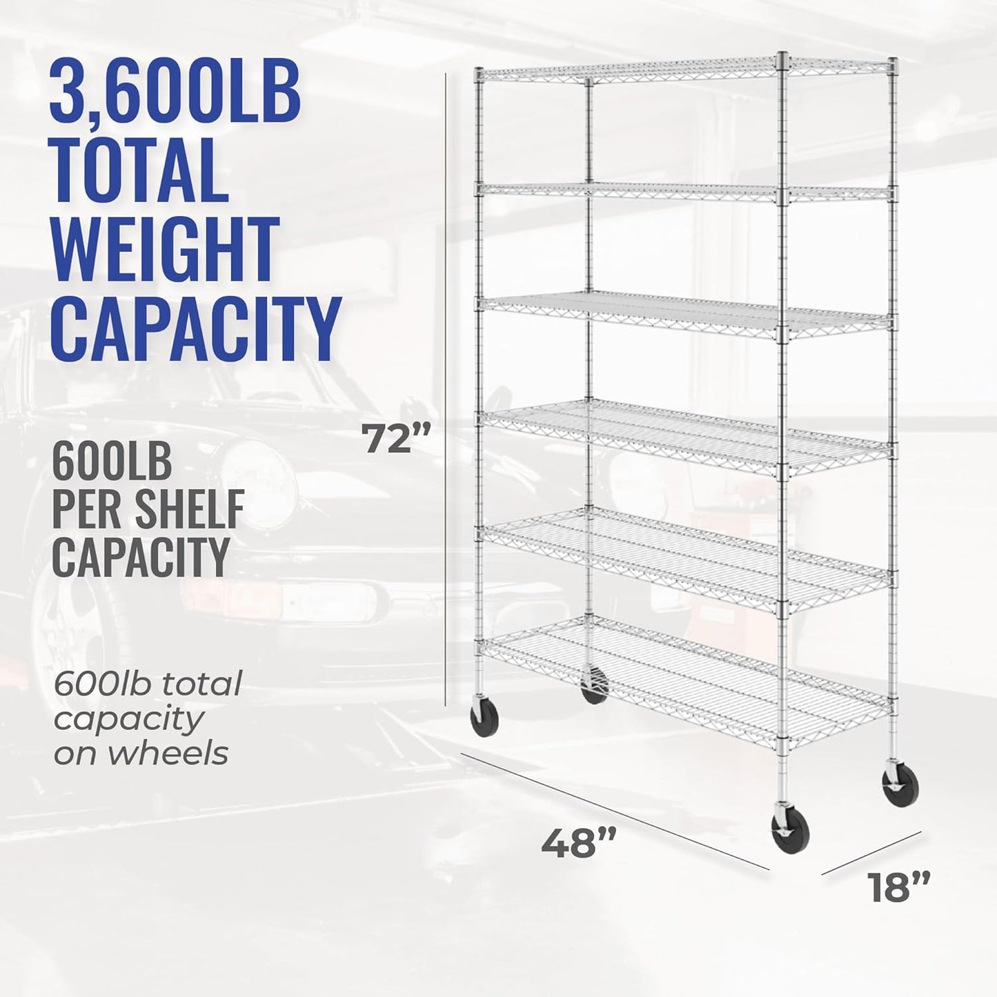 - NSF Certified Storage Shelves, Zinc, Heavy Duty Steel Wire Unit with Wheels and Adjustable Feet, Garage or Bakers Rack, Kitchen, Pantry Shelf - (18"X48"X72" 6-Tier) (Silver)