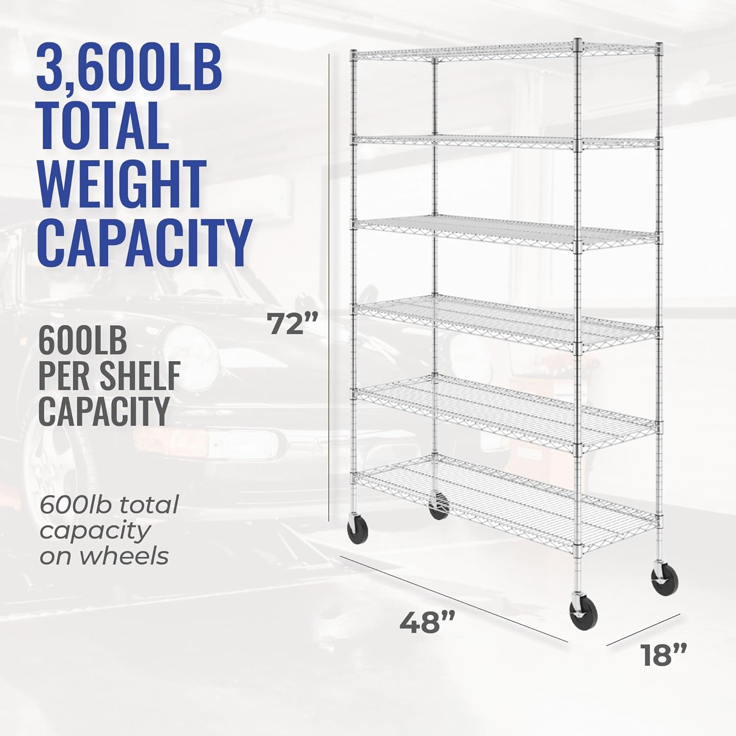 - NSF Certified Storage Shelves, Zinc, Heavy Duty Steel Wire Unit with Wheels and Adjustable Feet, Garage or Bakers Rack, Kitchen, Pantry Shelf - (18"X48"X72" 6-Tier) (Silver)