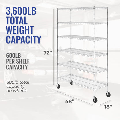 - NSF Certified Storage Shelves, Zinc, Heavy Duty Steel Wire Unit with Wheels and Adjustable Feet, Garage or Bakers Rack, Kitchen, Pantry Shelf - (18"X48"X72" 6-Tier) (Silver)