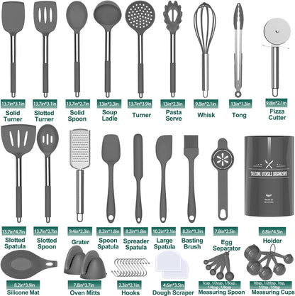 Silicone Kitchen Cooking Utensil Set, 43 Pcs Silicone Spatula with Stainless Steel Handle, Non-Stick Heat Resistant - Best Cookware (Grey)