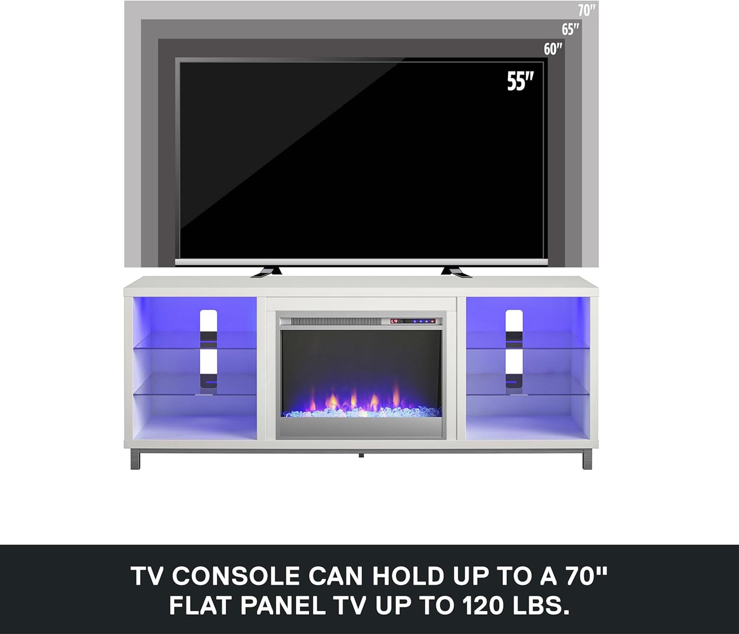 Lumina Fireplace TV Stand for Tvs up to 70 Inch, Replaceable Electric Fireplace Insert Heater, Remote Control, Timer, Color Changing LED Lights, Crystal Ember Flames, White