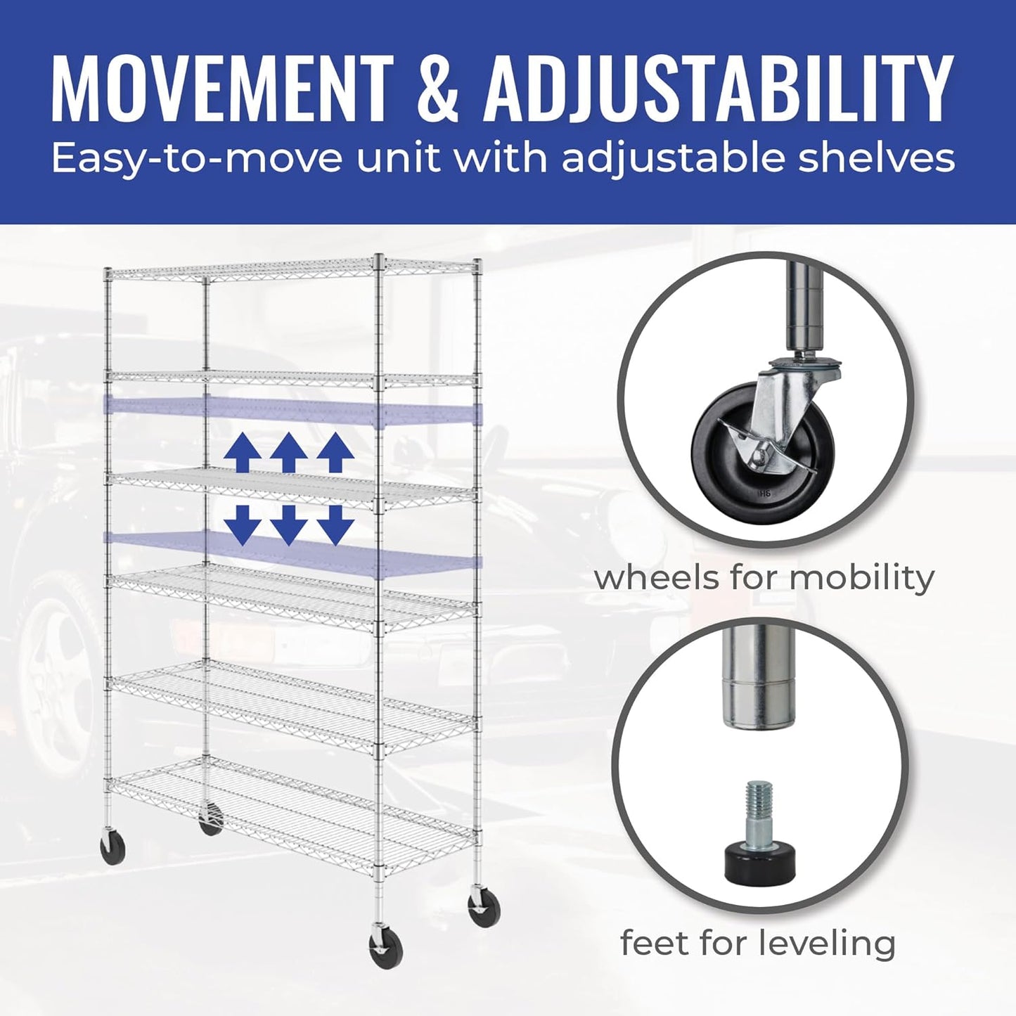 - NSF Certified Storage Shelves, Zinc, Heavy Duty Steel Wire Unit with Wheels and Adjustable Feet, Garage or Bakers Rack, Kitchen, Pantry Shelf - (18"X48"X72" 6-Tier) (Silver)